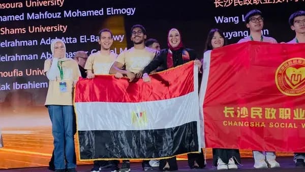 The Egyptian team, including Abdelrahman Abdelnasser, on stage after winning First Prize at the Huawei ICT Competition 2024–2025 Global Final, Shenzhen, China.
