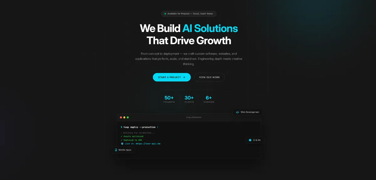 Loop Dimension tech company website featuring scalable software products and services